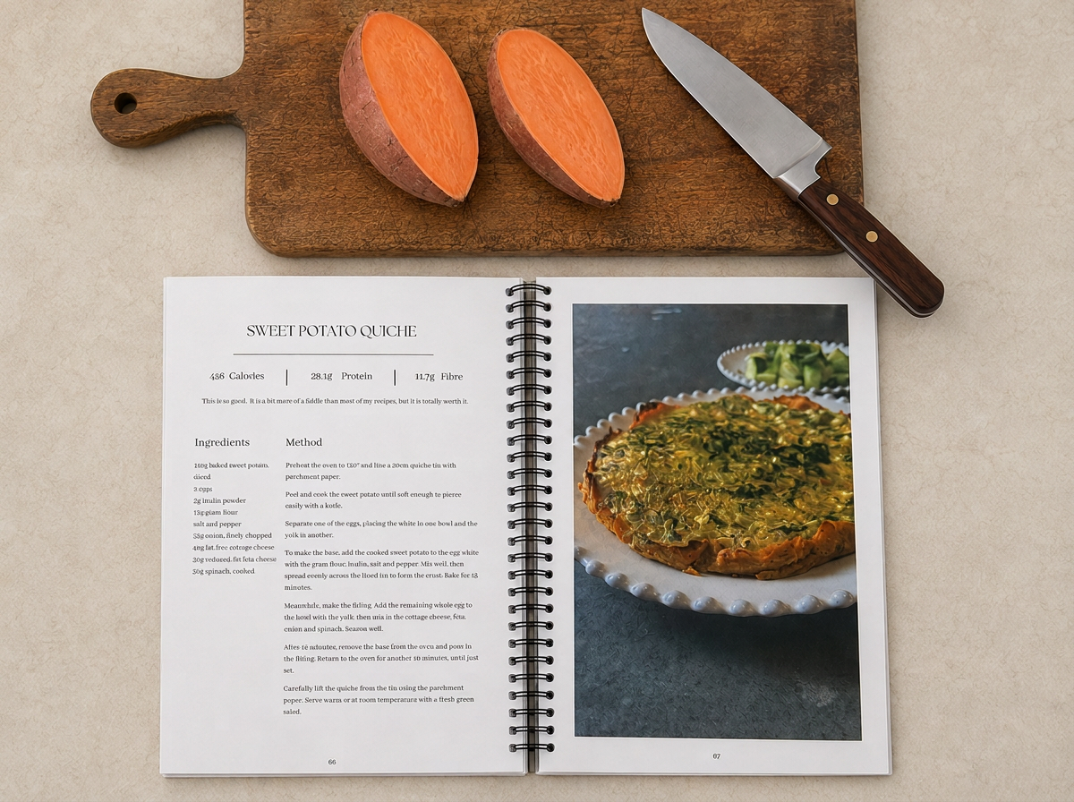 The wirebound Finding Balance book lying open flat on a kitchen worktop
